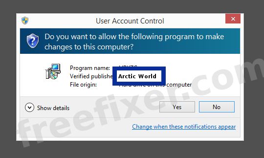 Screenshot where Arctic World appears as the verified publisher in the UAC dialog